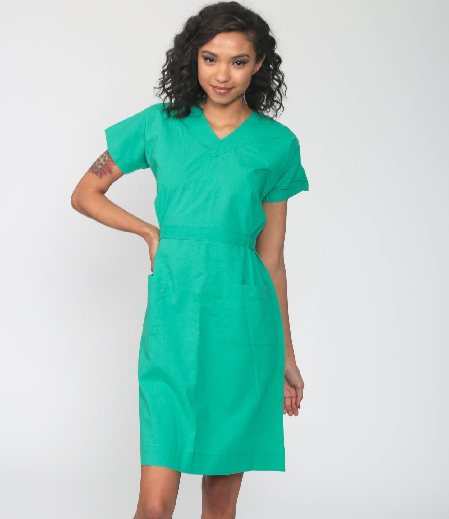 70s Green Midi Dress Cap Sleeve High Waist V Neck Pocket Small