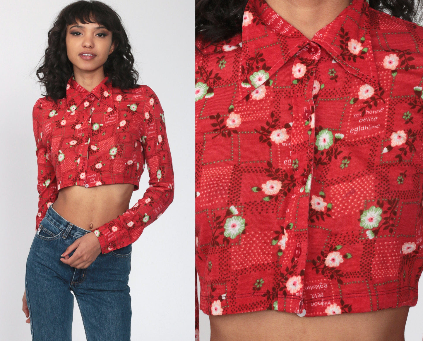 70s Red Floral Button-Up Blouse Long Sleeve Crop Top Extra Small