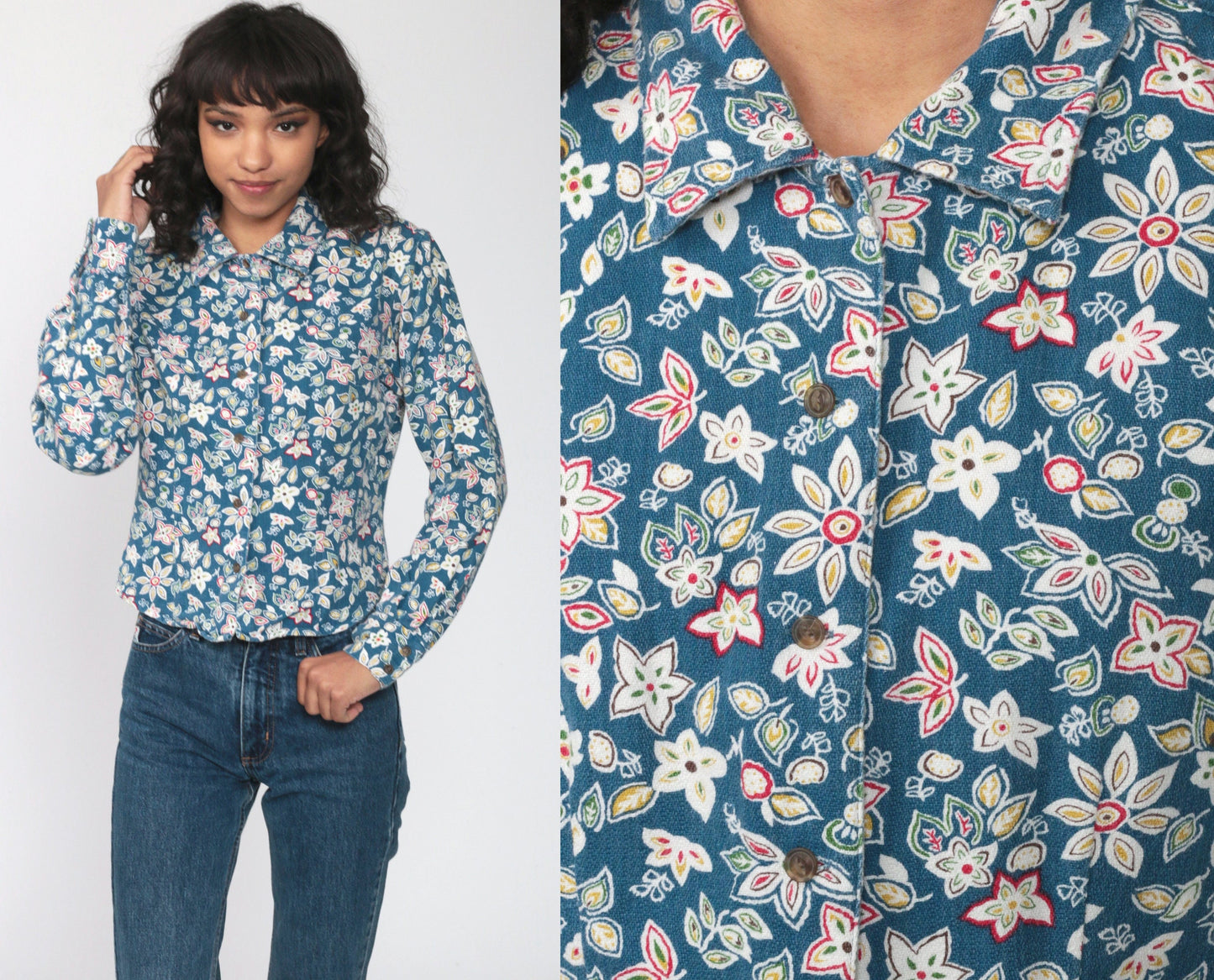 Guess 90s Floral Button-Up Blouse Blue Long Sleeve Medium