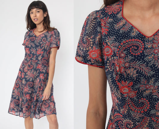 70s Floral Mini Shift Dress Puff Sleeve Red Navy Small