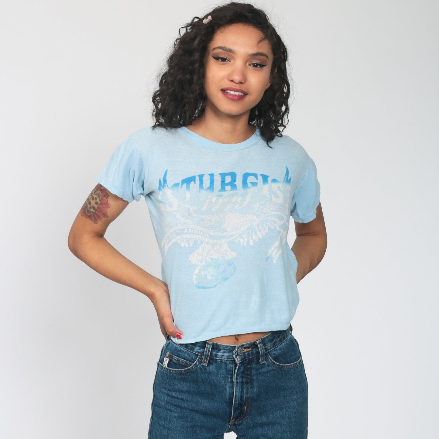 1990 Sturgis Bald Eagle Motorcycle Graphic T-Shirt Baby Blue Burnout Small