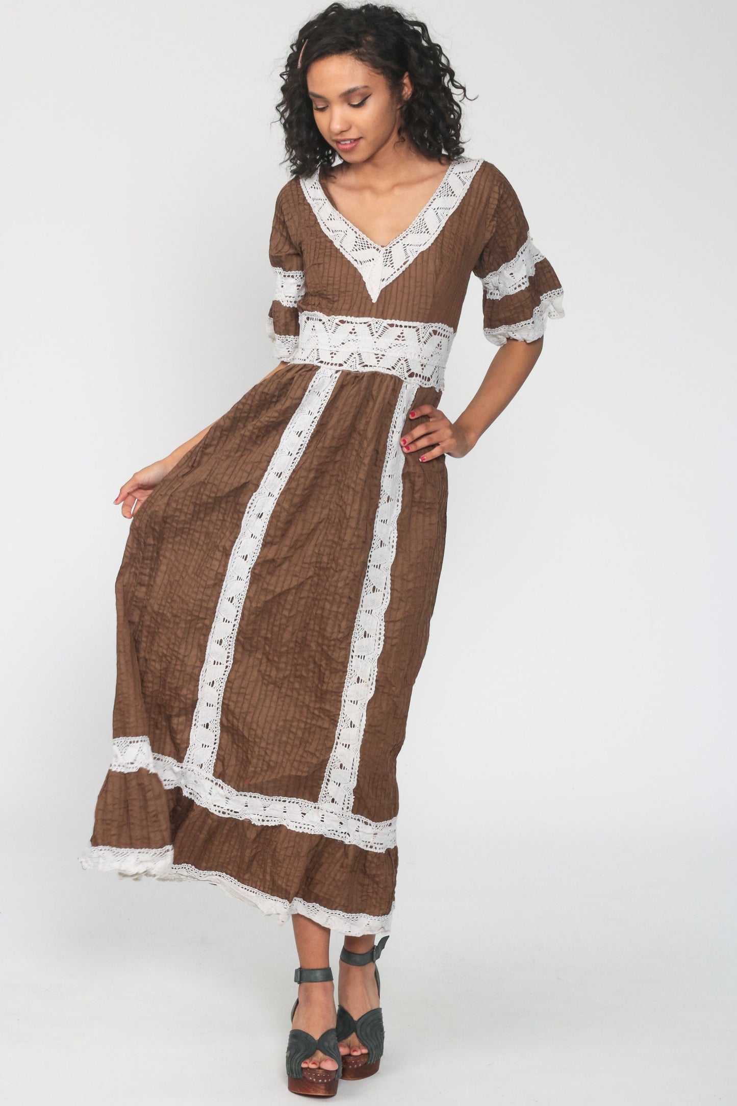 70s Mexican Wedding Maxi Dress Brown Crochet Lace Bell Sleeve Extra Small