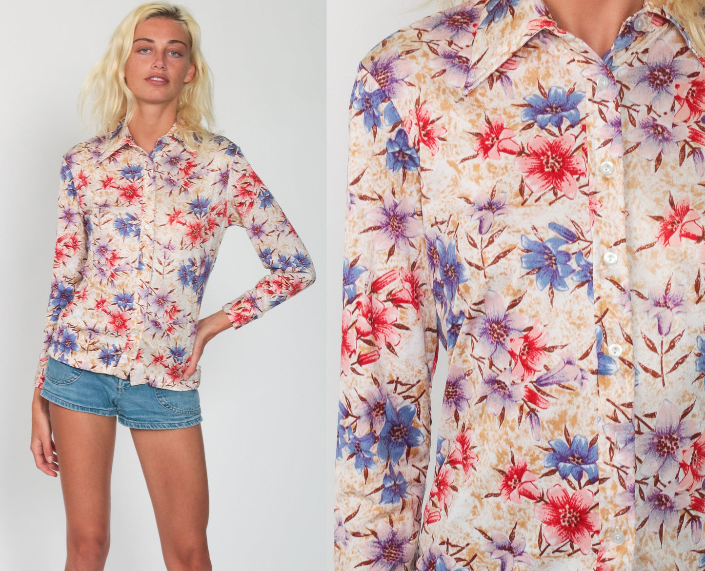 70s Floral Button Up Shirt Pointed Collar Long Sleeve Flower Print Small