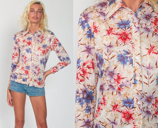 70s Floral Button Up Shirt Pointed Collar Long Sleeve Flower Print Small