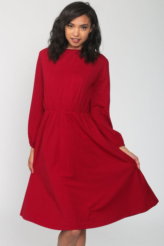 70s Dark Red Midi Dress High Waist Knife Pleated Long Sleeve Small