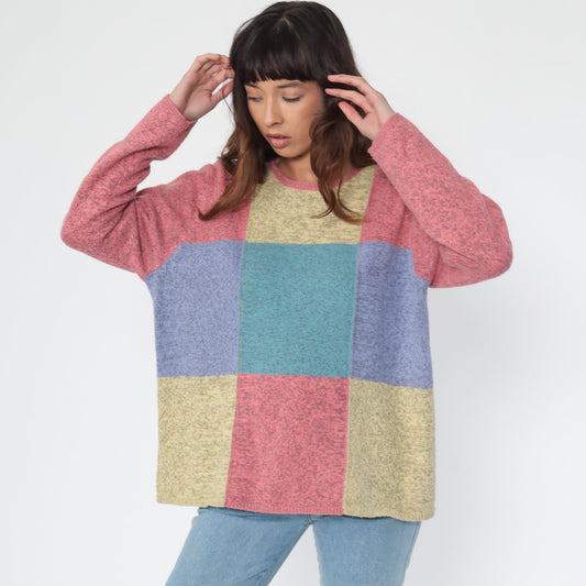 90s Christopher Banks Wool Blend Color Block Pullover Sweater Pink Teal Large