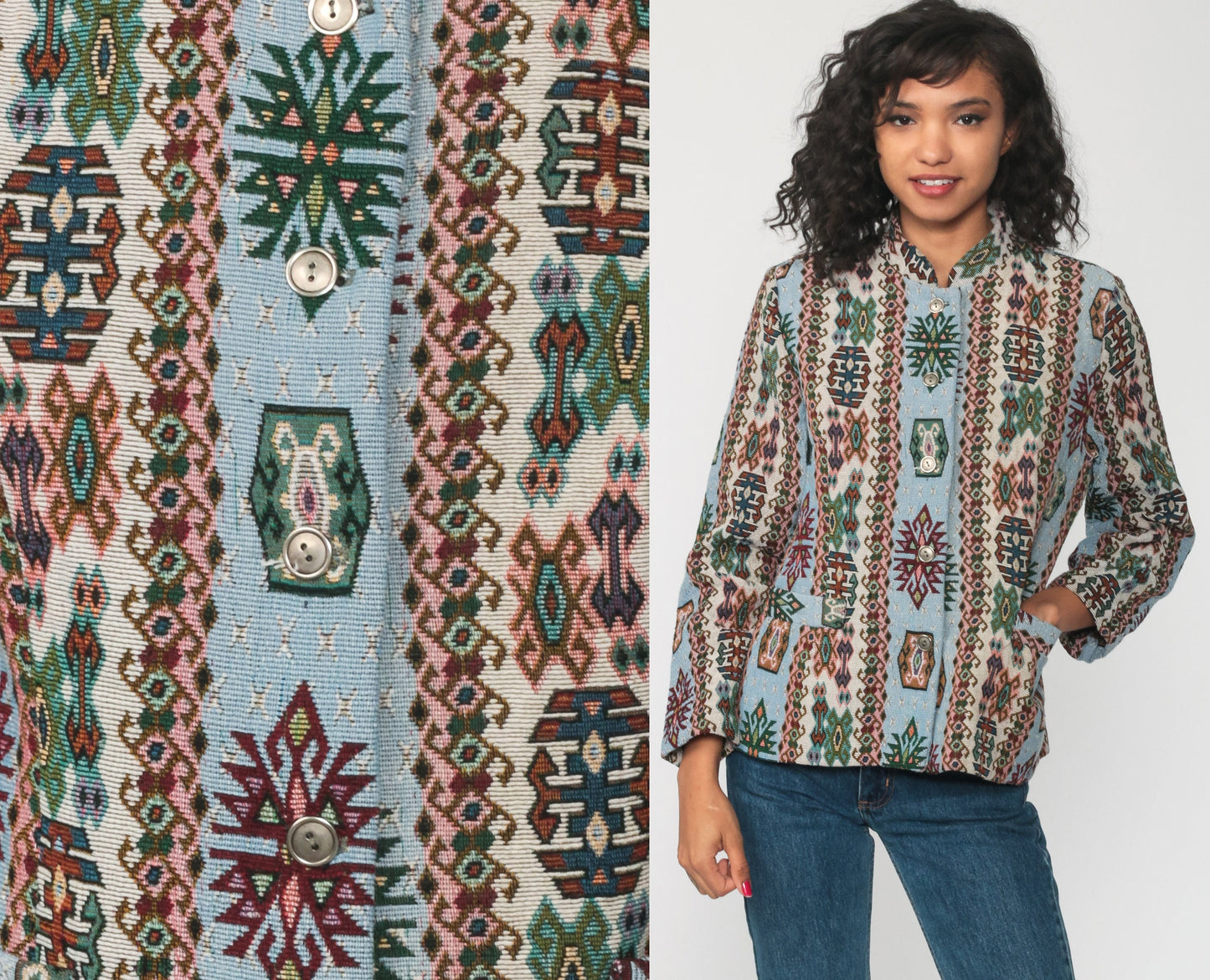 80s Southwestern Tribal Blanket Jacket Aztec Print Blue Blazer Small