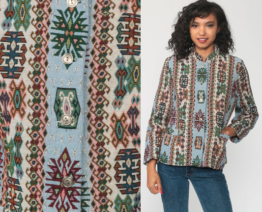 80s Southwestern Tribal Blanket Jacket Aztec Print Blue Blazer Small