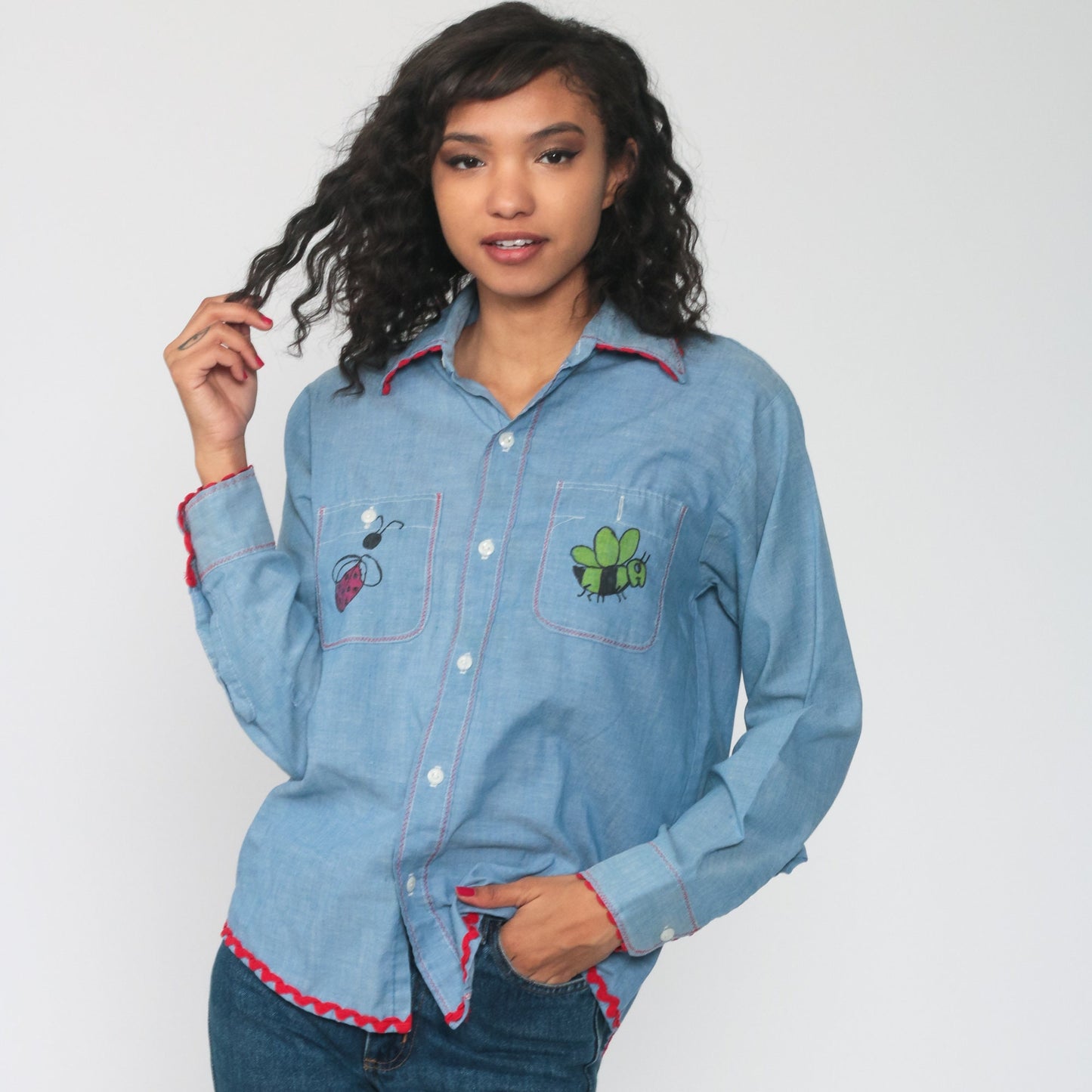 70s Raggedy Ann Andy Chambray Western Shirt Blue Graphic Button Up Medium