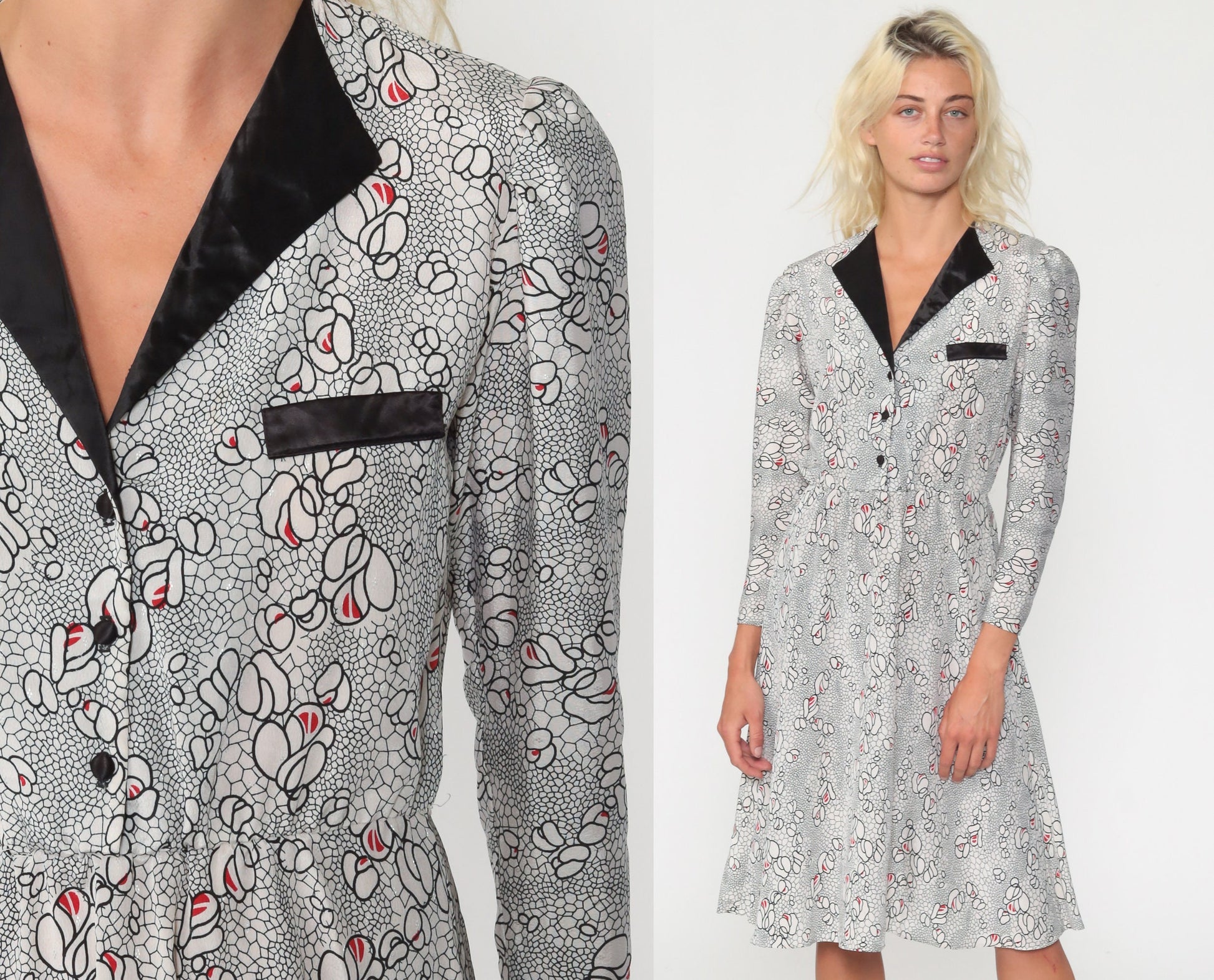 80s Black White Floral Midi Dress Puff Sleeve Button Up High Waist Small