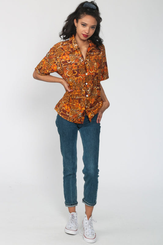 70s Hawaiian Tiki Print Button-Up Shirt Orange Tropical Blouse Medium Large