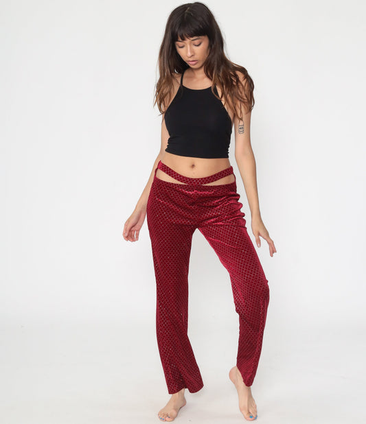 90s Red Velvet Bell Bottom Pants Glitter Cutout Clubwear Medium Large
