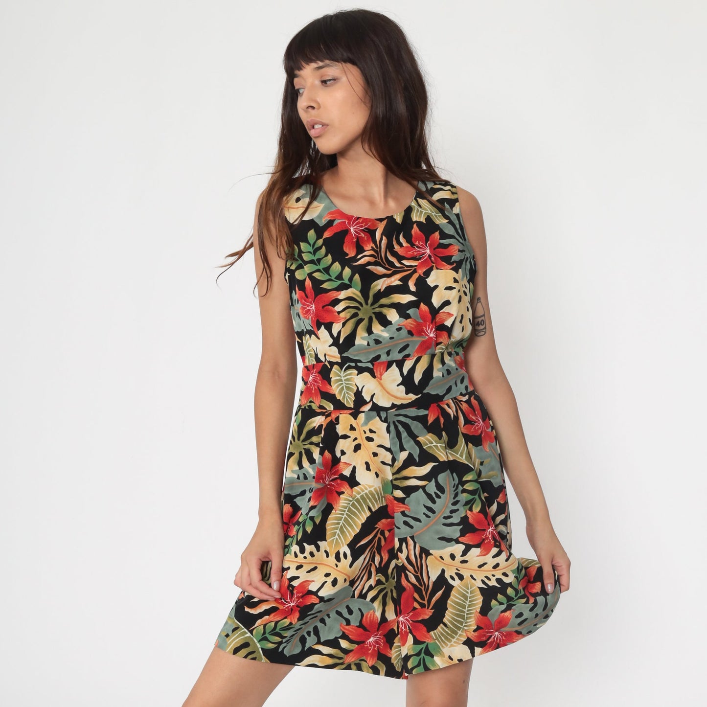 80s Black Tropical Romper Playsuit Back Cutout Cap Sleeve Small