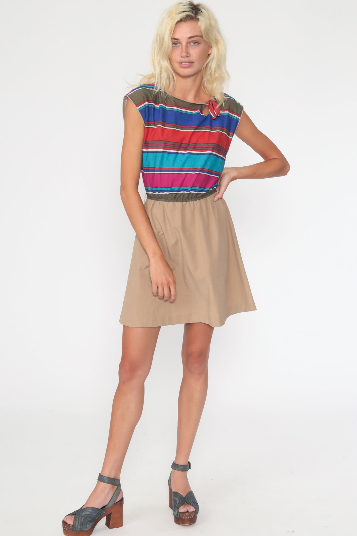 70s Striped Mini Dress Keyhole Neckline High Waist Cap Sleeve Small