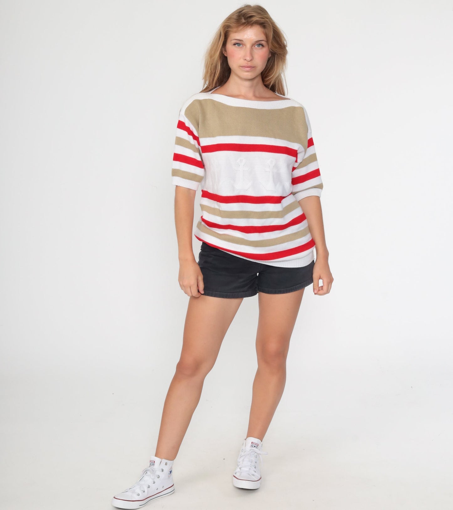 80s Anchor Nautical Striped Knit Sweater White Red Boatneck Short Sleeve Large