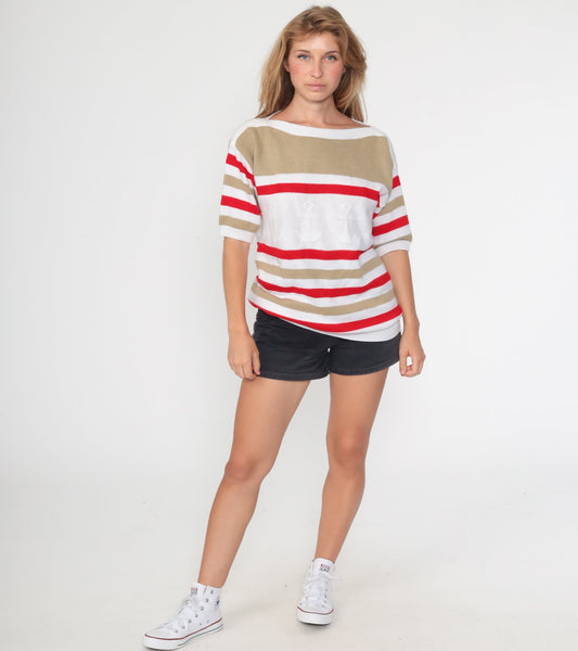 80s Anchor Nautical Striped Knit Sweater White Red Boatneck Short Sleeve Large