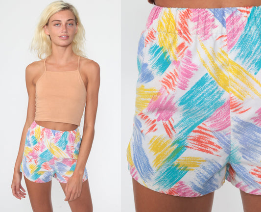 80s Jet Set Brushstroke Cotton Shorts Rainbow High Waist XXS