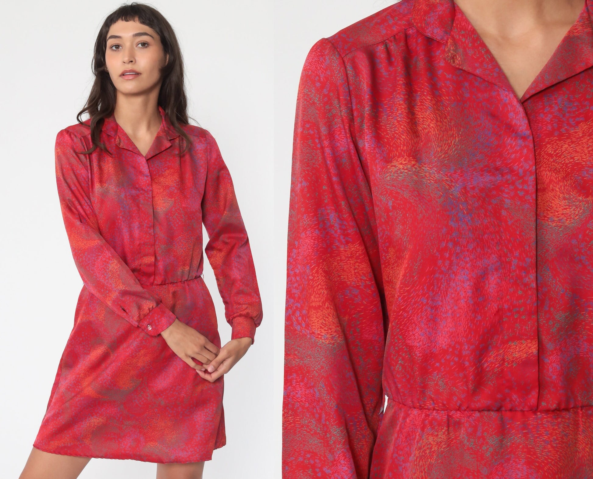 70s Red Brushstroke Mini Dress High Waisted Button Up Long Sleeve Medium
