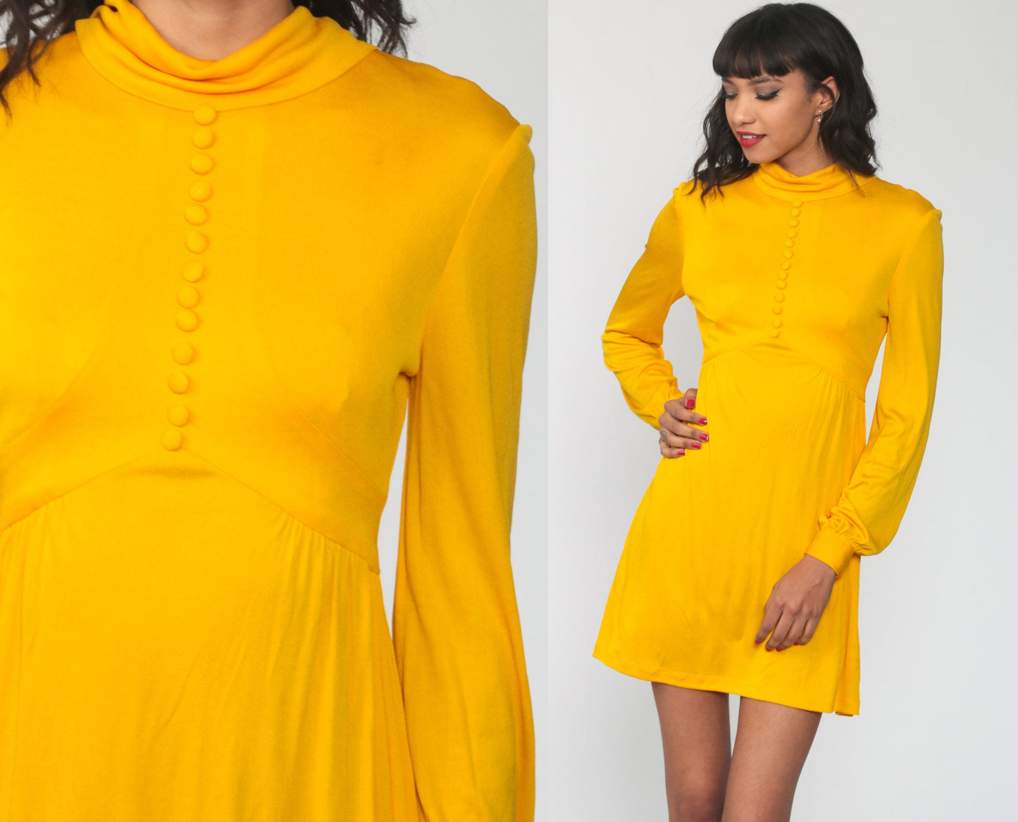 70s Yellow Babydoll Mini Dress Empire Waist Funnel Neck Long Sleeve Extra Small