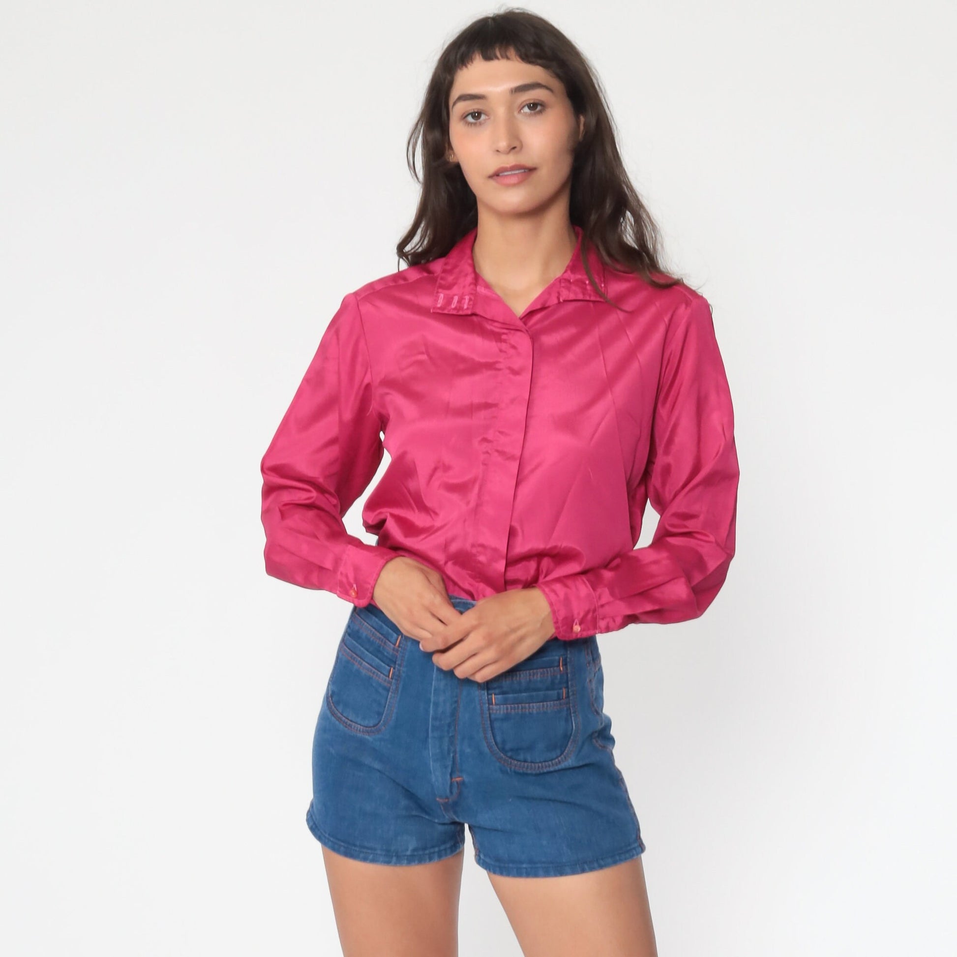 80s Pink Button-Up Blouse Long Sleeve Collared Shirt Medium