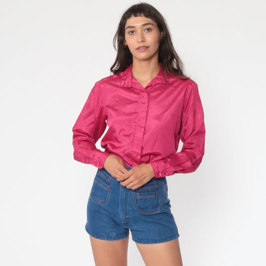 80s Pink Button-Up Blouse Long Sleeve Collared Shirt Medium