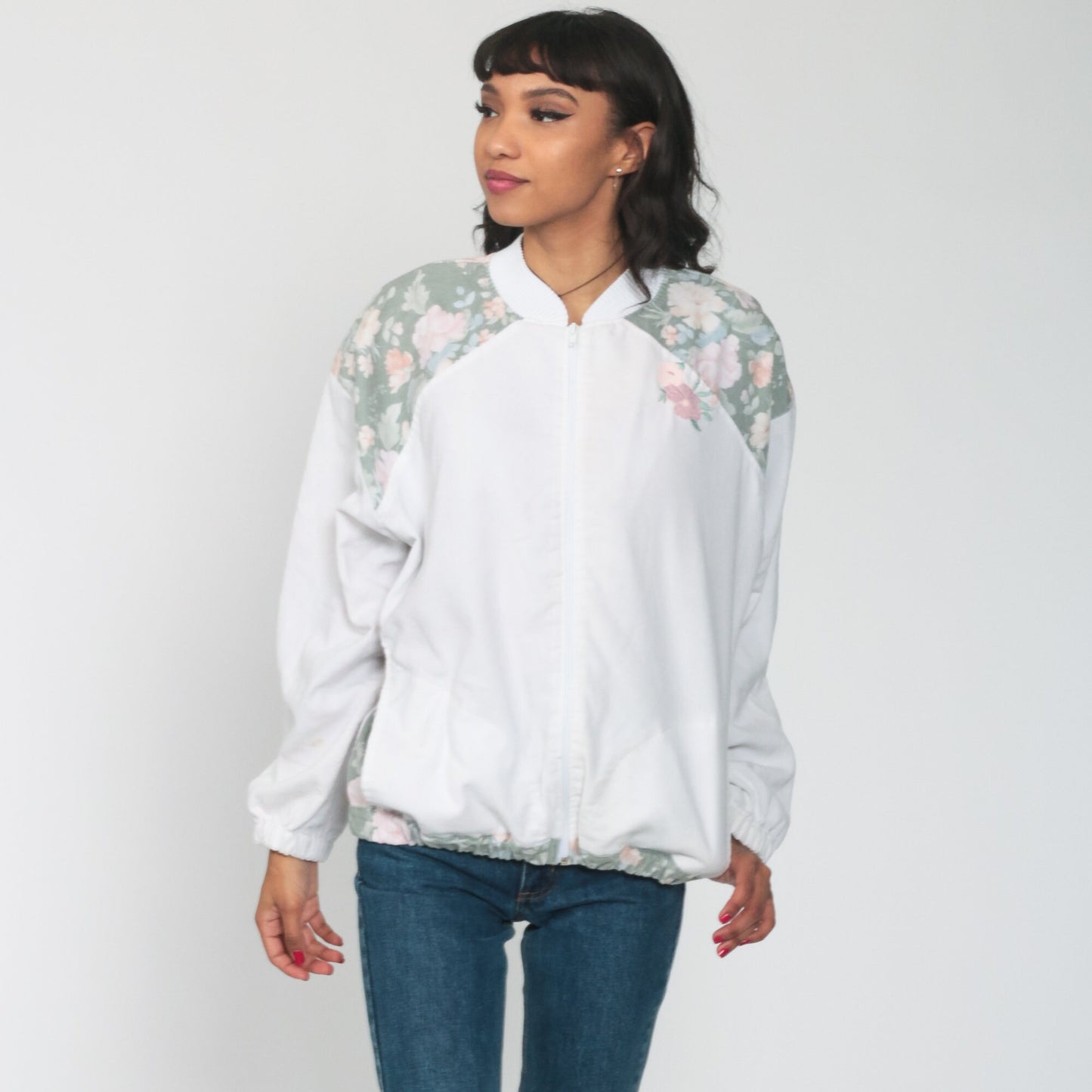 80s Floral Embroidered Bomber Jacket White Windbreaker Zip-Up Medium