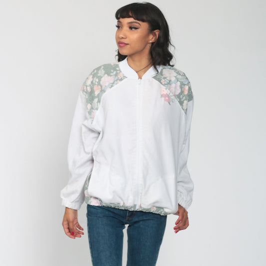 80s Floral Embroidered Bomber Jacket White Windbreaker Zip-Up Medium