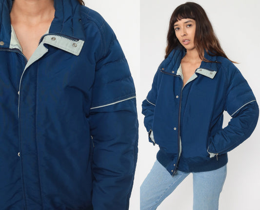 80s Blue Down Puffer Ski Jacket Nylon Striped Coat Large