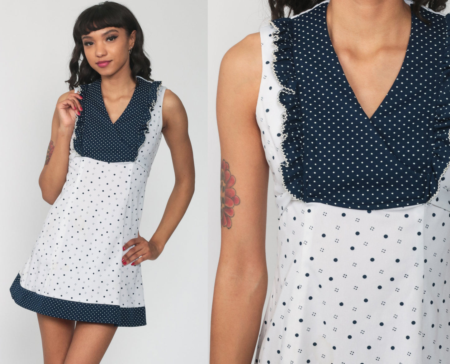 70s Polka Dot Babydoll Mini Dress White Blue Empire Waist V-Neck Extra Small