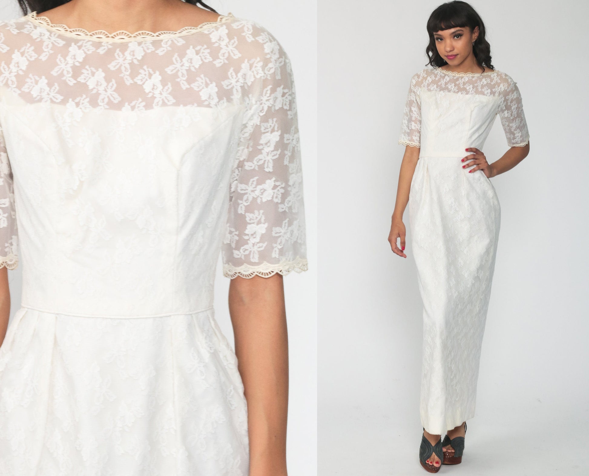 60s White Lace Maxi Dress Empire Waist Half Sleeve Scalloped Extra Small