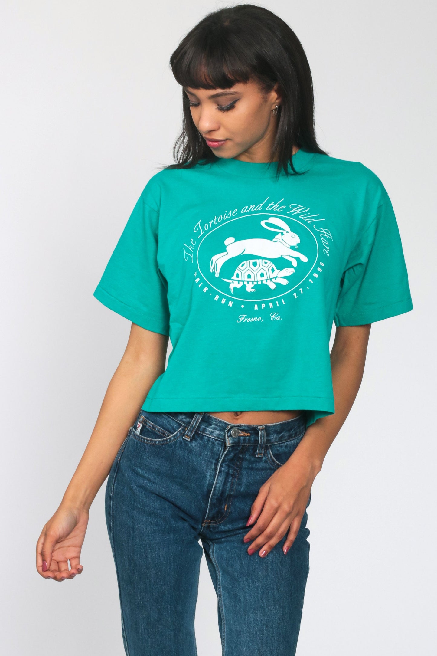 1996 Tortoise and Hare Fresno Walk Run Graphic Tee Green Small