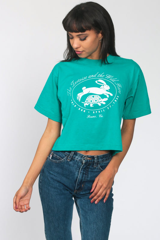 1996 Tortoise and Hare Fresno Walk Run Graphic Tee Green Small