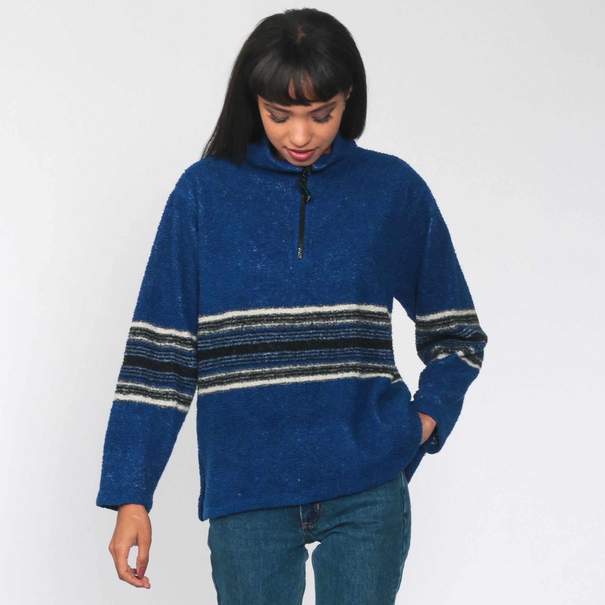 90s Avalanche Blue Striped Fleece Half-Zip Pullover Jacket Small