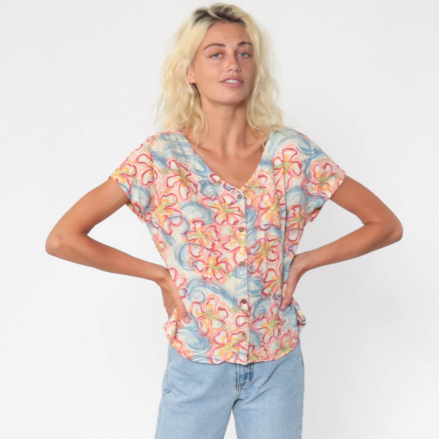 90s Floral Swirl Rayon Button Up Blouse Short Sleeve Pink Blue Medium