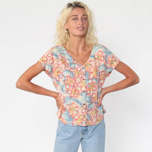 90s Floral Swirl Rayon Button Up Blouse Short Sleeve Pink Blue Medium