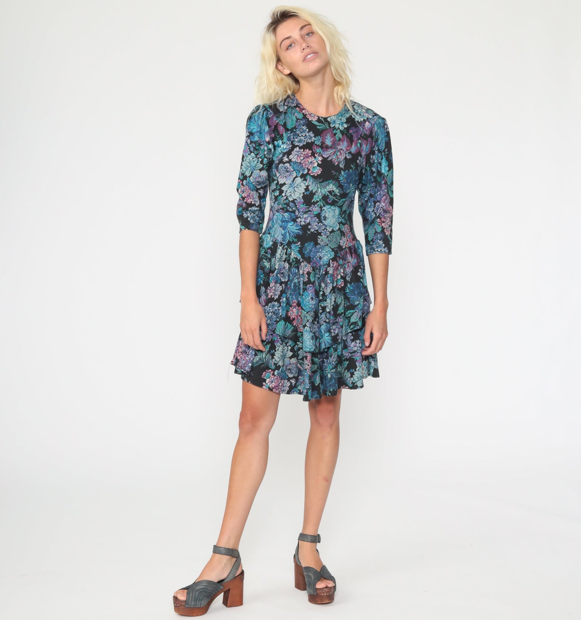80s Tapestry Floral Mini Dress Puff Sleeve Drop Waist Black Blue Extra Small