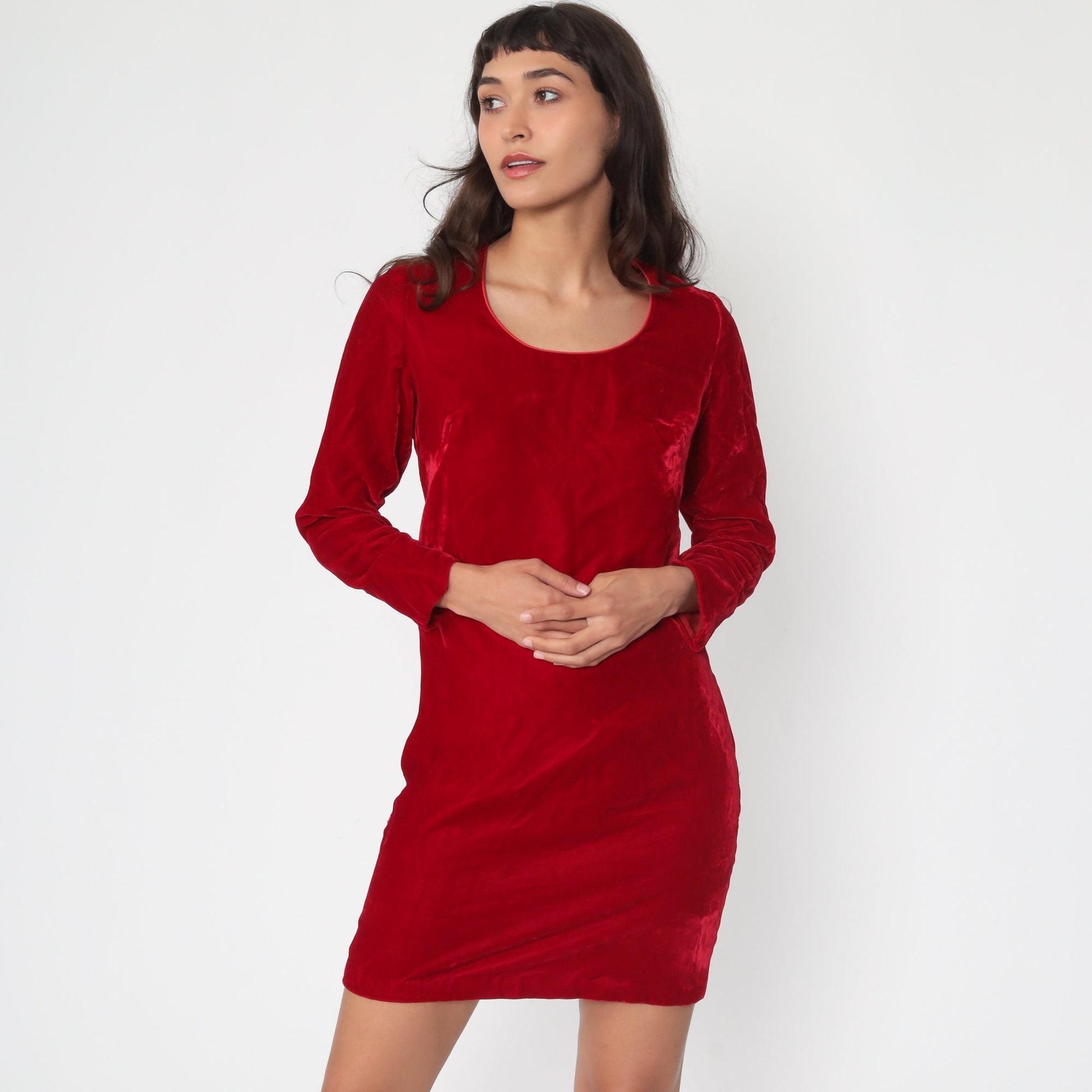60s Red Velvet Mini Dress Long Sleeve Shift Mod Small