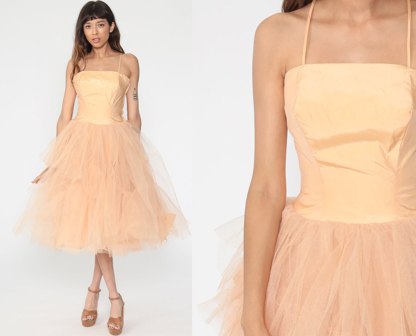 1950s Peach Tulle Party Dress Spaghetti Strap Gown Extra Small