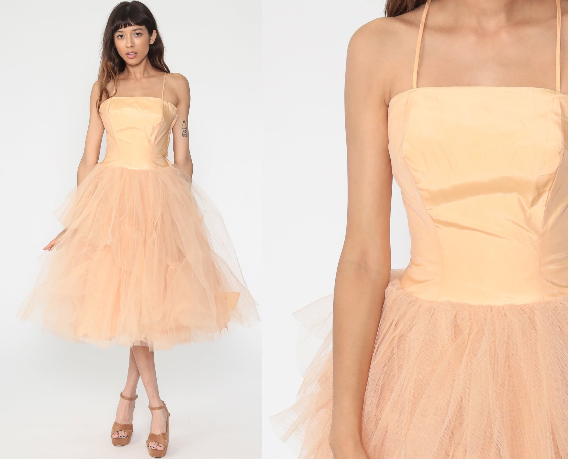 1950s Peach Tulle Party Dress Spaghetti Strap Gown Extra Small