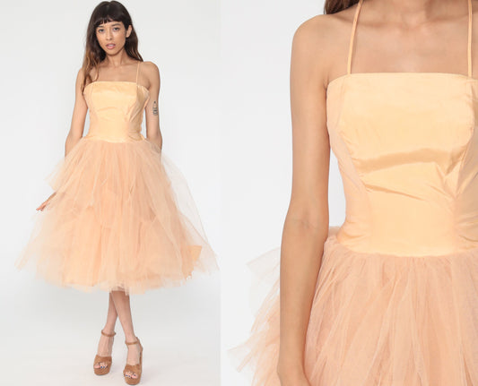 1950s Peach Tulle Party Dress Spaghetti Strap Gown Extra Small