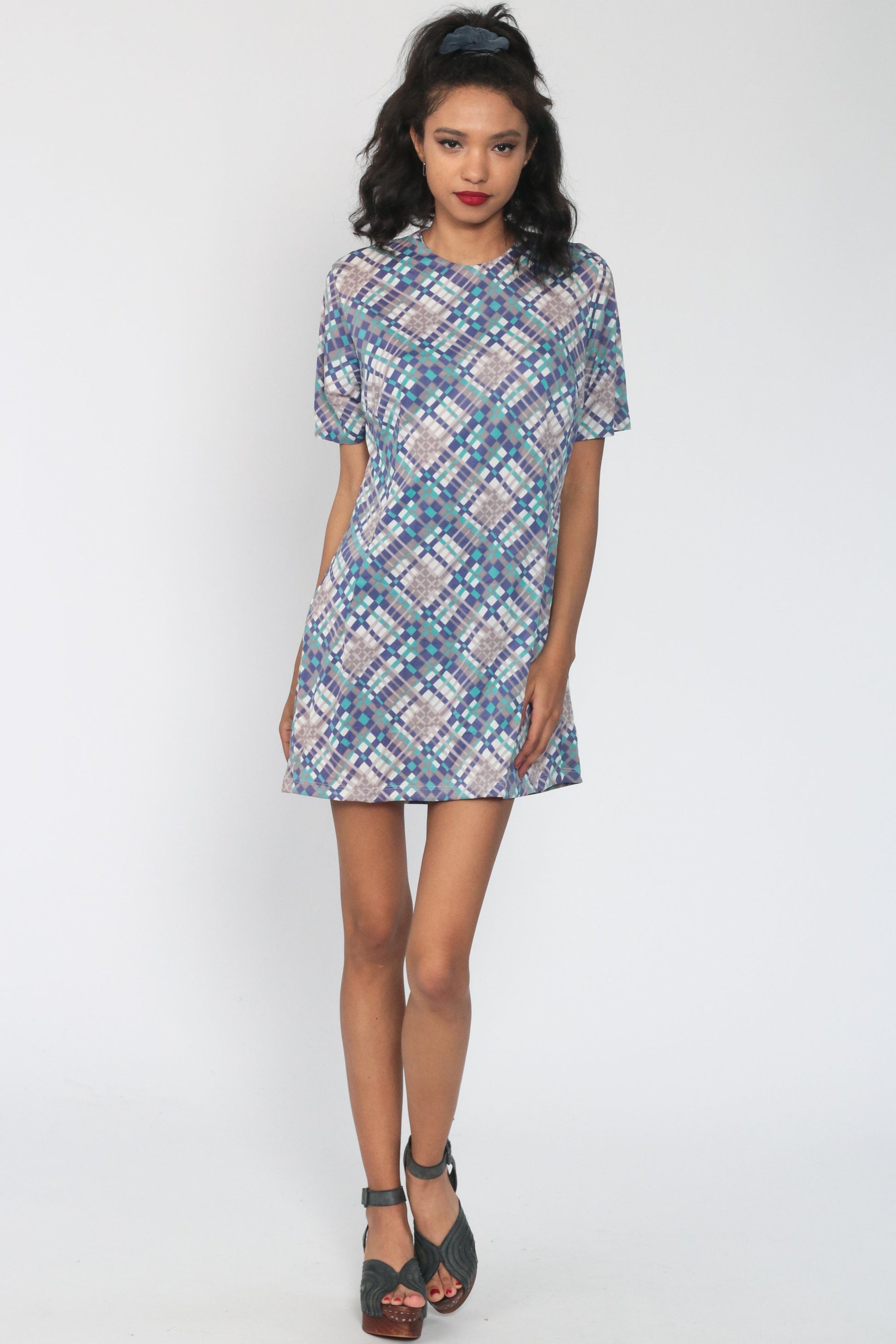 60s Mod Checkered Mini Shift Dress Purple Plaid Short Sleeve Medium Large