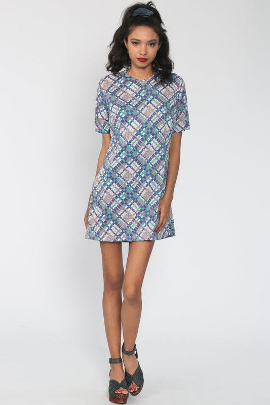 60s Mod Checkered Mini Shift Dress Purple Plaid Short Sleeve Medium Large