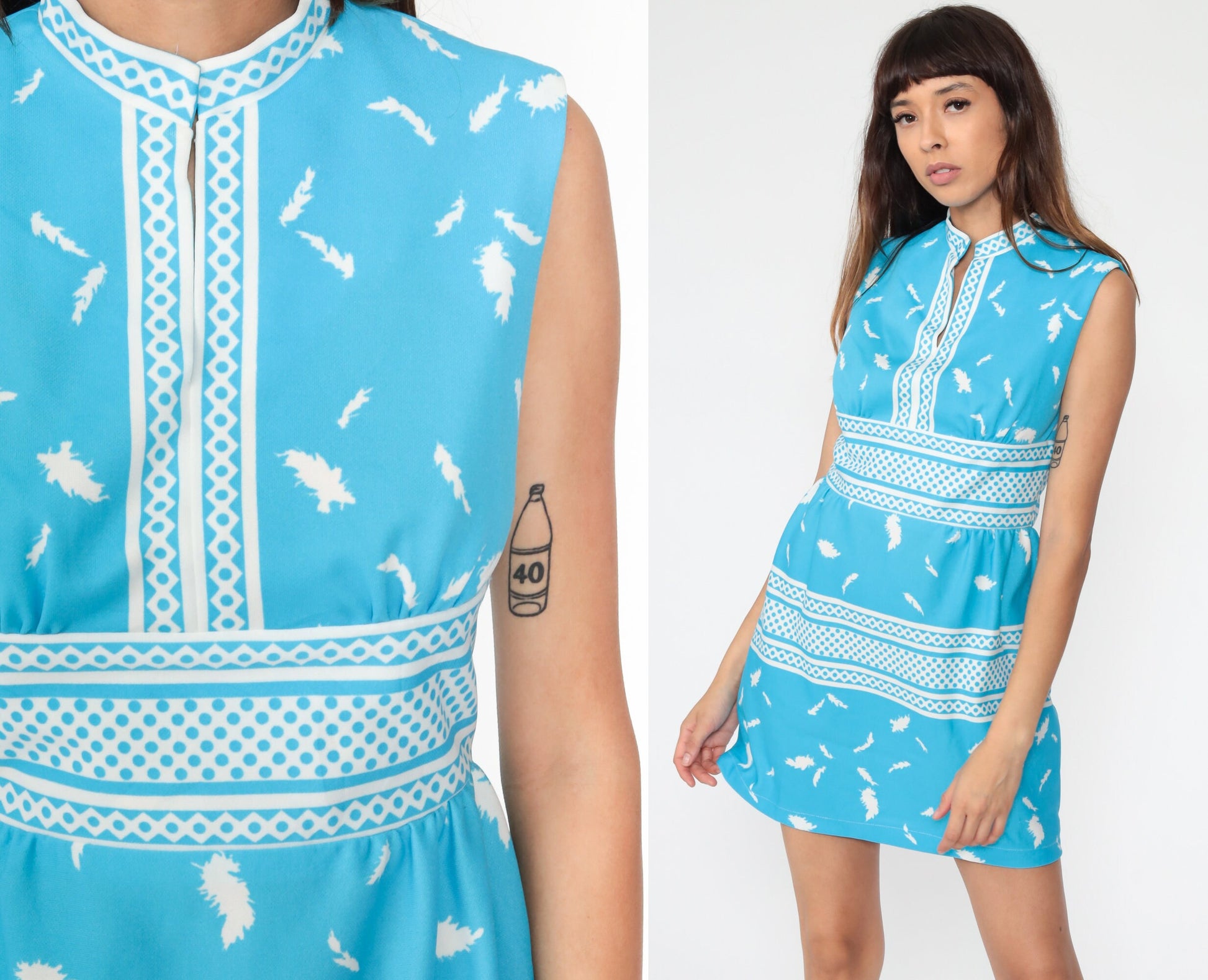 1970s Feather Print Babydoll Dress Empire Waist Mini Blue Sleeveless Small