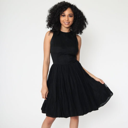 60s Jonathan Logan Black Chiffon Midi Dress High Waist Extra Small