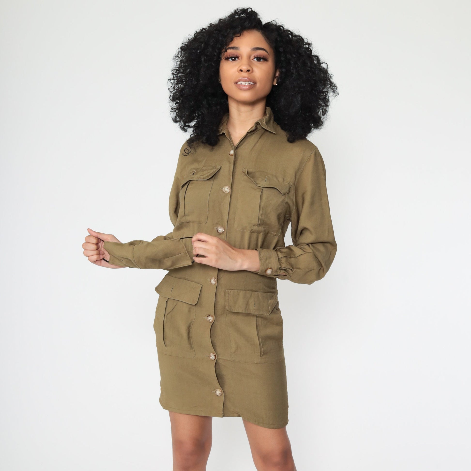 80s Liz Claiborne Cargo Shirt Dress Olive Green Button-Up Mini Extra Small