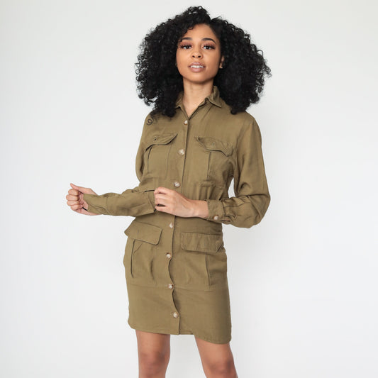 80s Liz Claiborne Cargo Shirt Dress Olive Green Button-Up Mini Extra Small