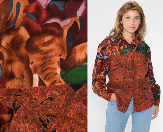 90s Elephant Safari Jungle Animal Print Button-Up Blouse Burnt Orange Medium