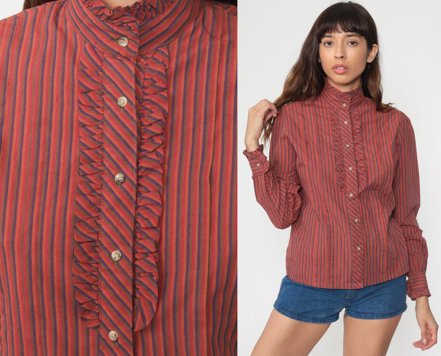 80s Puff Sleeve Button-Up Blouse Orange Red Striped Ruffled Long Sleeve Small