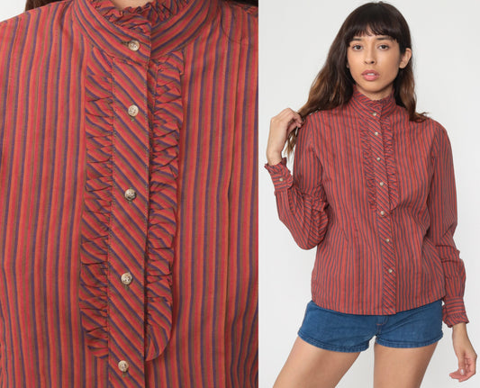 80s Puff Sleeve Button-Up Blouse Orange Red Striped Ruffled Long Sleeve Small