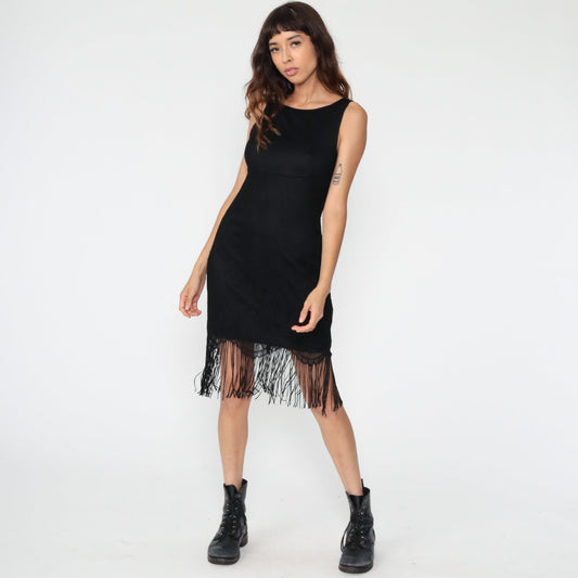 90s Black Lace Fringe Mini Dress Sleeveless Small Medium